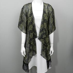 LuLaRoe Monroe Kimono Sheer Fringe Swim Cover Up Size S Black Beige Batik‎